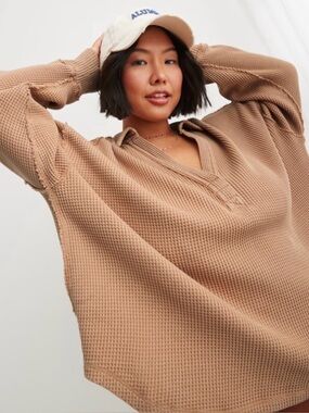 Aerie LumberJane Waffle Polo Sweatshirt Oversized Women’s Medium Tan Brown